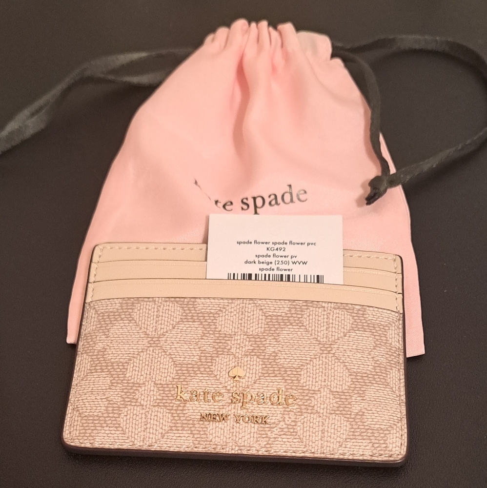 kate spade beige and cream floral logo card holder